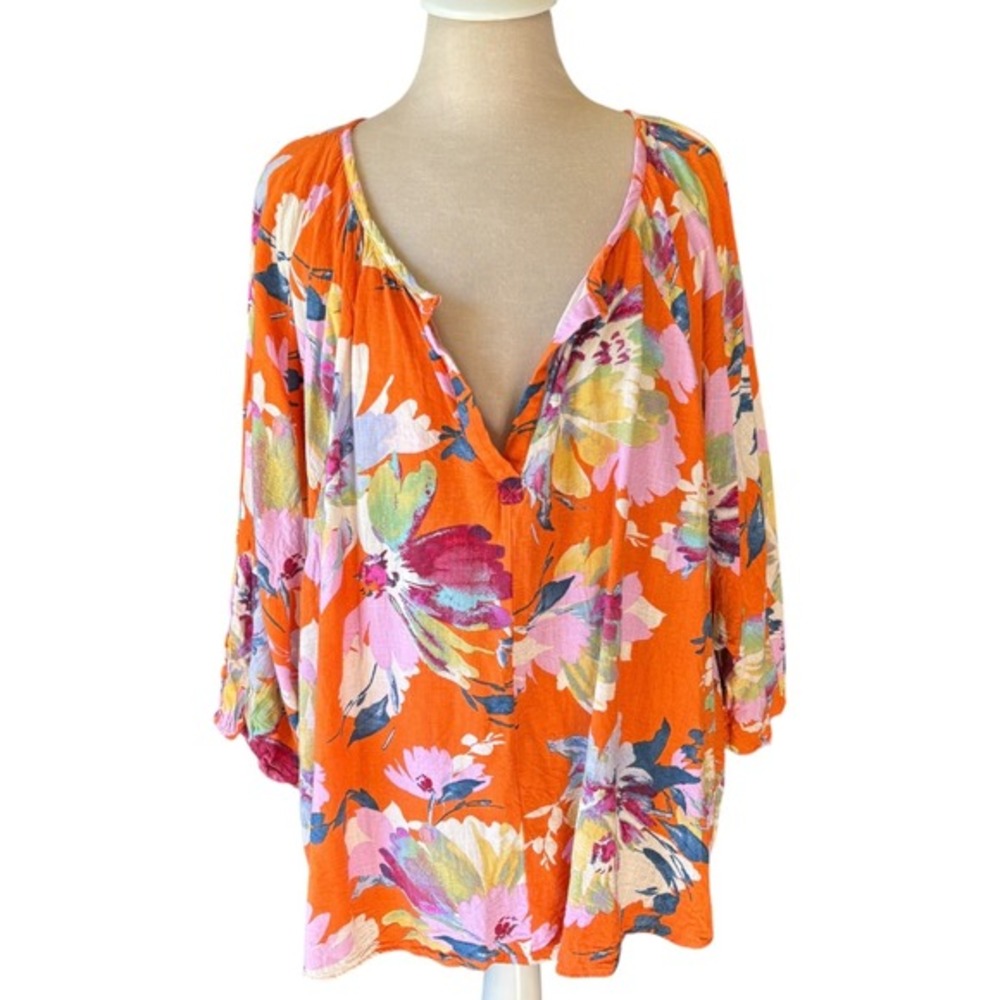 Easel Womens Orange Floral Linen Blend Oversized V-Neck Blouse Sz 2x Boho Flowy